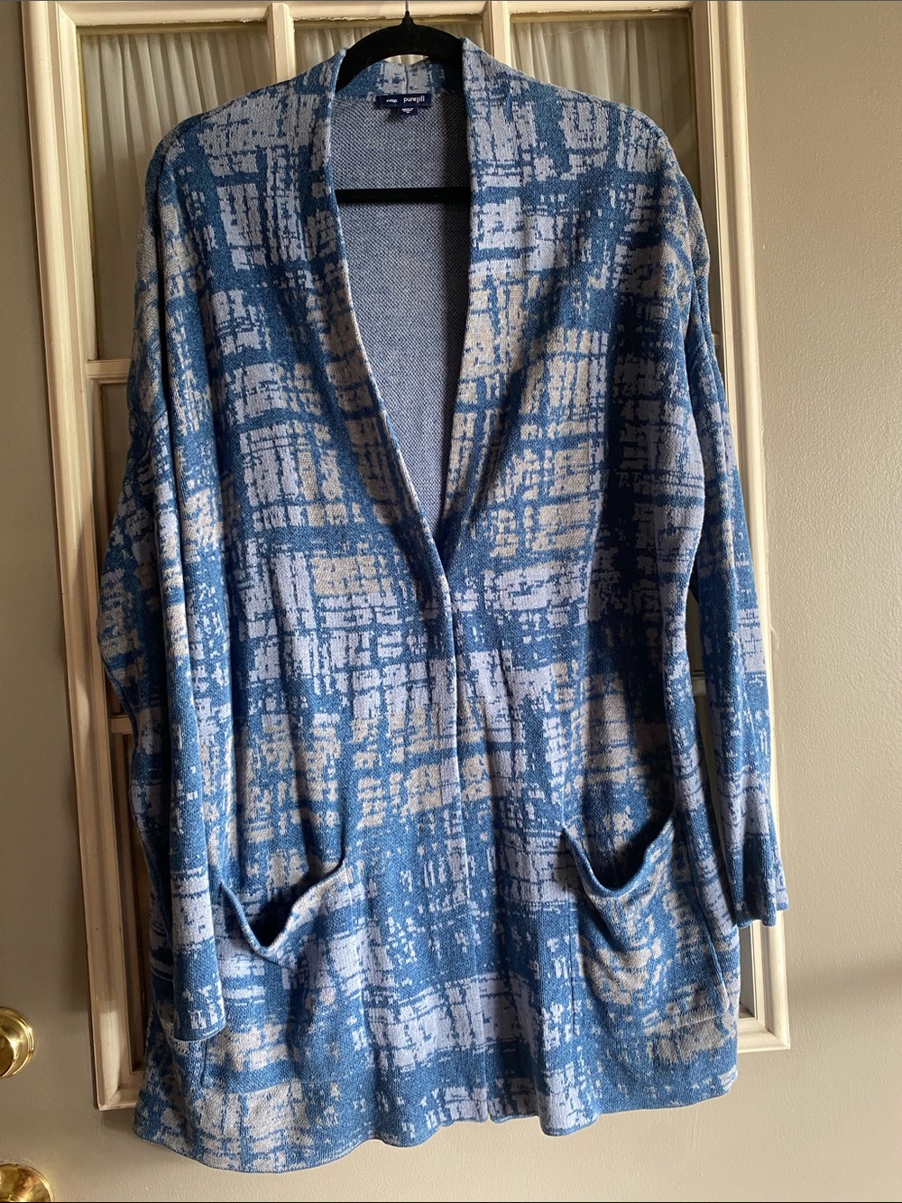 J. Jill Blue and Cream Abstract Open Cardigan